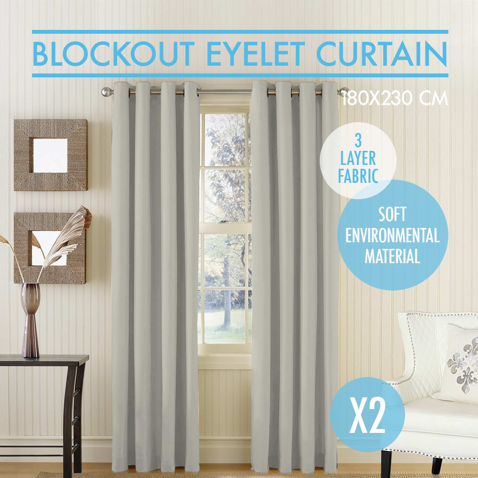 Blockout Curtains 180x230CM 3 Layers Eyelet Room Darkening Drape Fabric