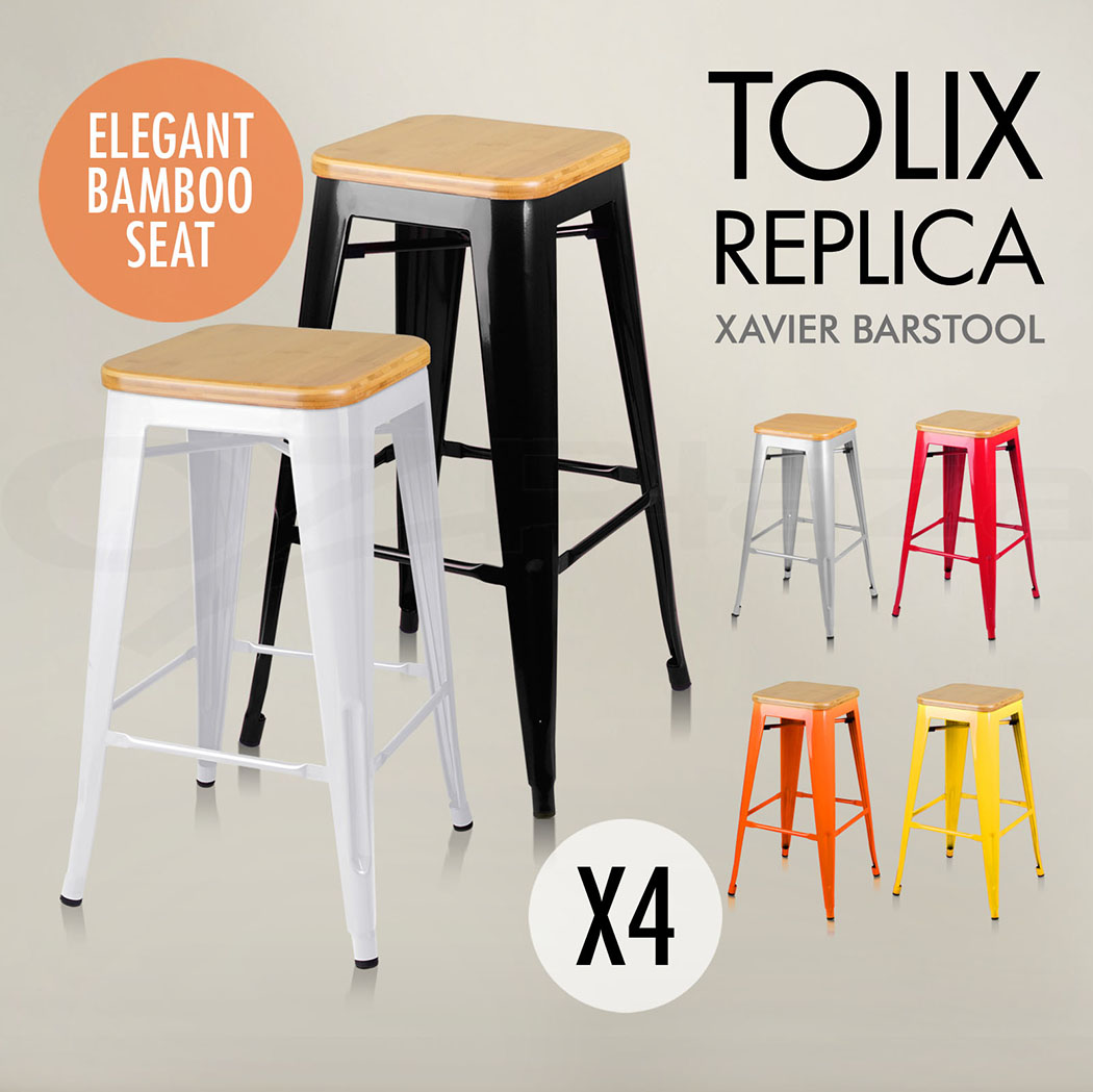 4x Tolix Bar Stools Replica Xavier Metal Steel Chairs BAMBOO SEAT Kitchen eBay