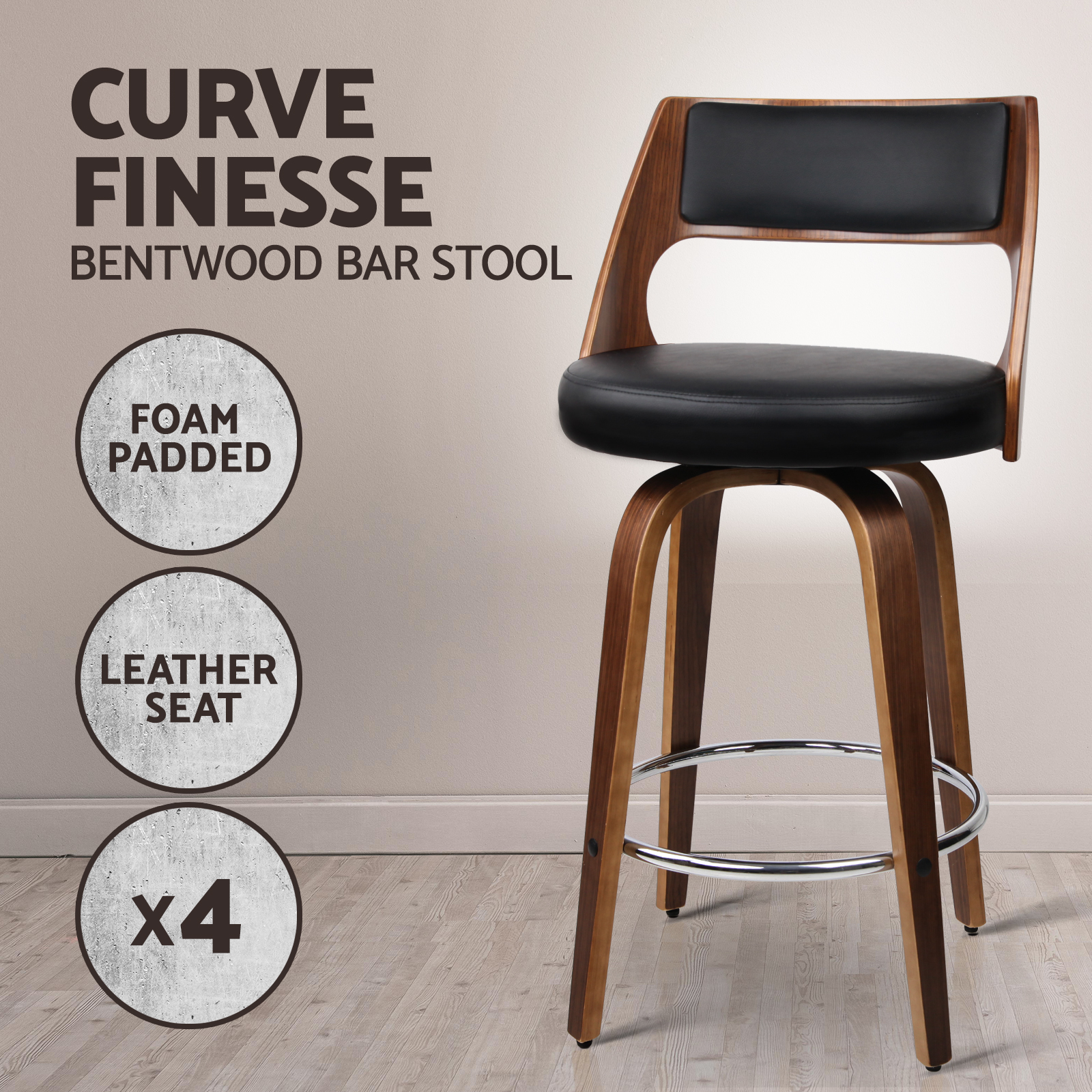 Artiss Kitchen Bar Stools Wooden Bar Stool Swivel Chairs Leather Black