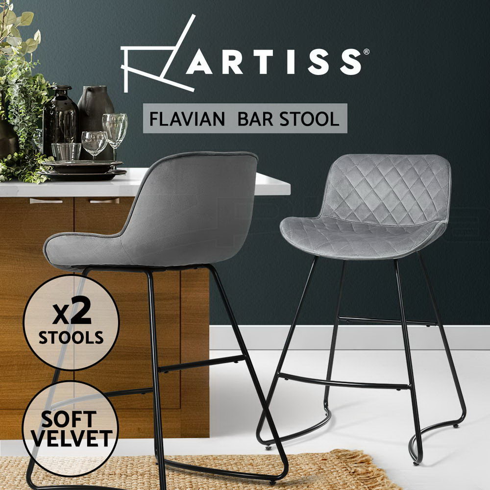 Artiss 2x Bar Stools Metal Bar Stool Velvet Backrest Kitchen Dining Chairs - Picture 29 of 62