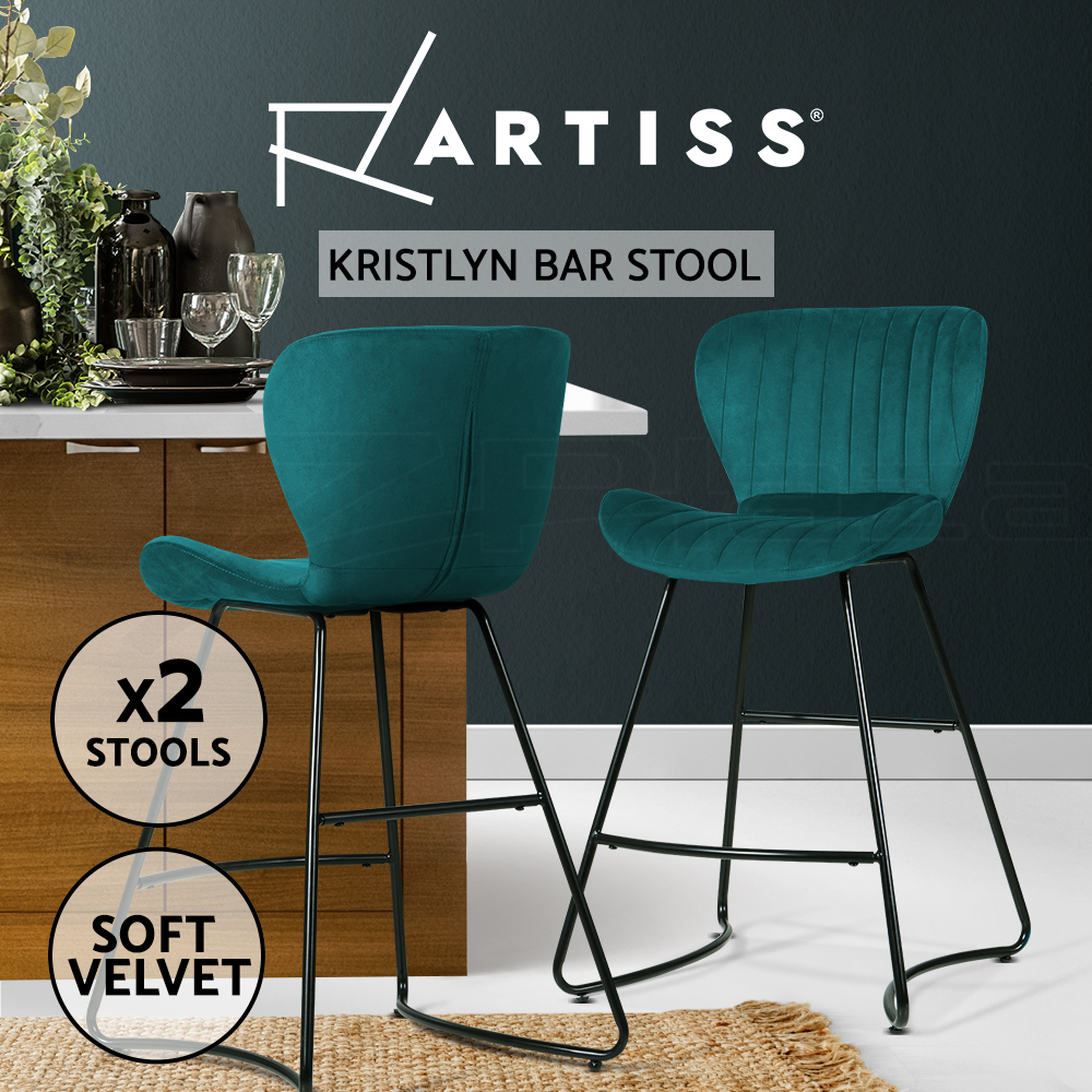 Artiss 2x Bar Stools Metal Bar Stool Velvet Backrest Kitchen Dining Chairs - Picture 38 of 62