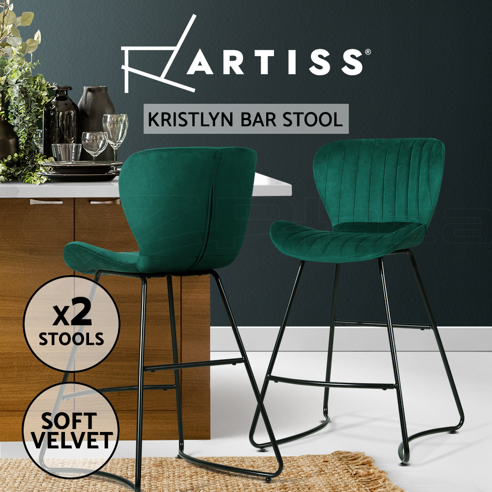 Artiss 2x Bar Stools Metal Bar Stool Velvet Backrest Kitchen Dining Chairs - Picture 32 of 62