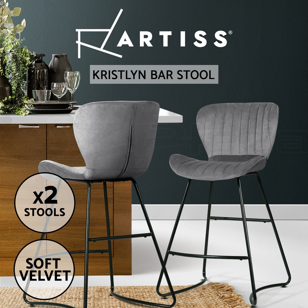 Artiss 2x Bar Stools Metal Bar Stool Velvet Backrest Kitchen Dining Chairs - Picture 35 of 62