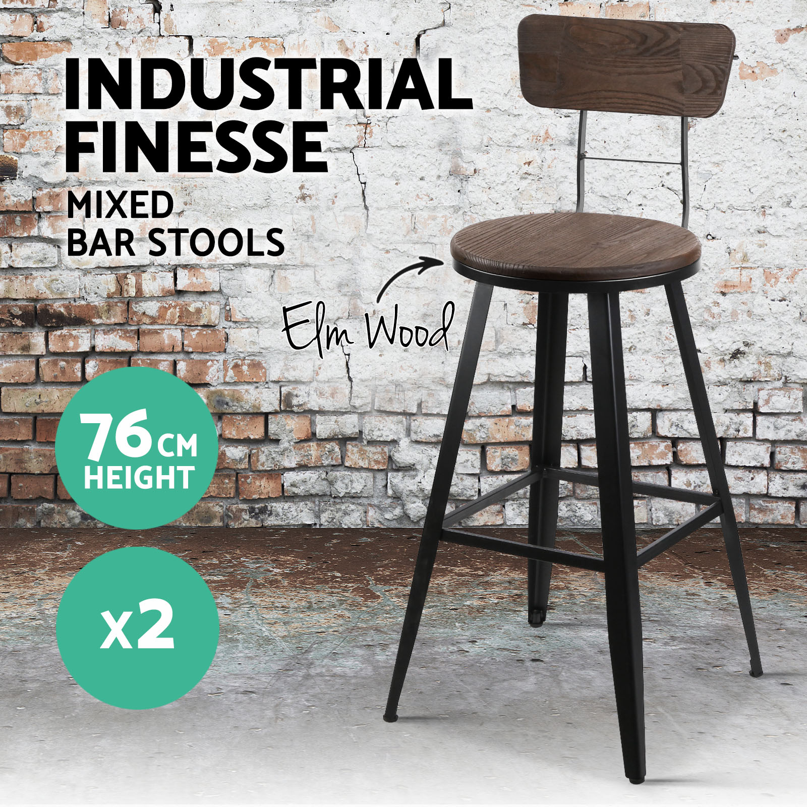 Artiss Bar Stool Kitchen Stools Wooden Barstools Chairs Vintage Chair Metal x2 - Picture 45 of 109