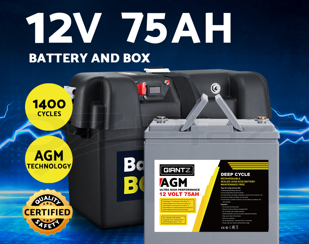 Giantz 75Ah Deep Cycle Battery & Battery Box 12V AGM Marine Sealed Power Solar eBay