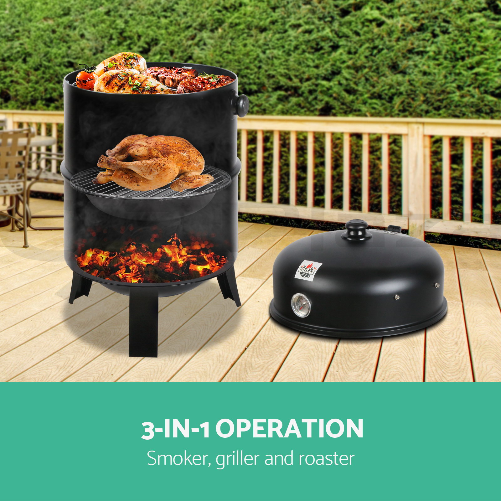 Grillz Charcoal BBQ Smoker Grill Roaster Portable Outdoor Thermometer