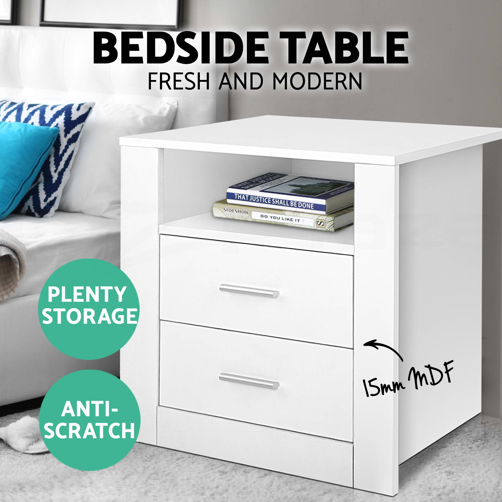 Artiss Bedside Table Drawers Side Table Storage Cabinet Nightstand White Gloss - Picture 20 of 27
