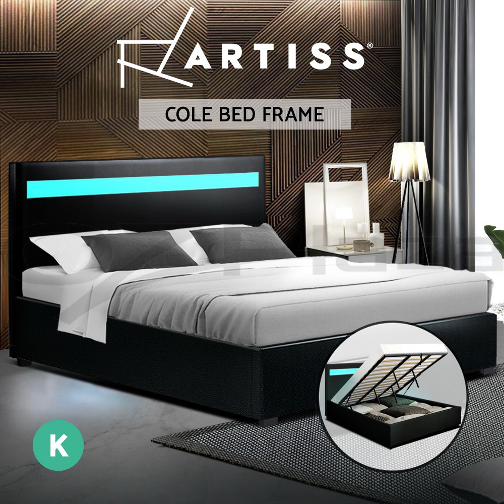 Artiss Bed Frame Bedside Tables Queen Double Size RGB LED Gas Lift Base Storage - Picture 19 of 22