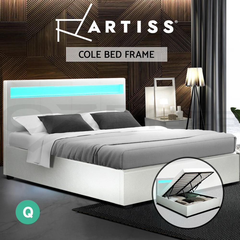 Artiss Bed Frame Bedside Tables Queen Double Size RGB LED Gas Lift Base Storage - Picture 22 of 22