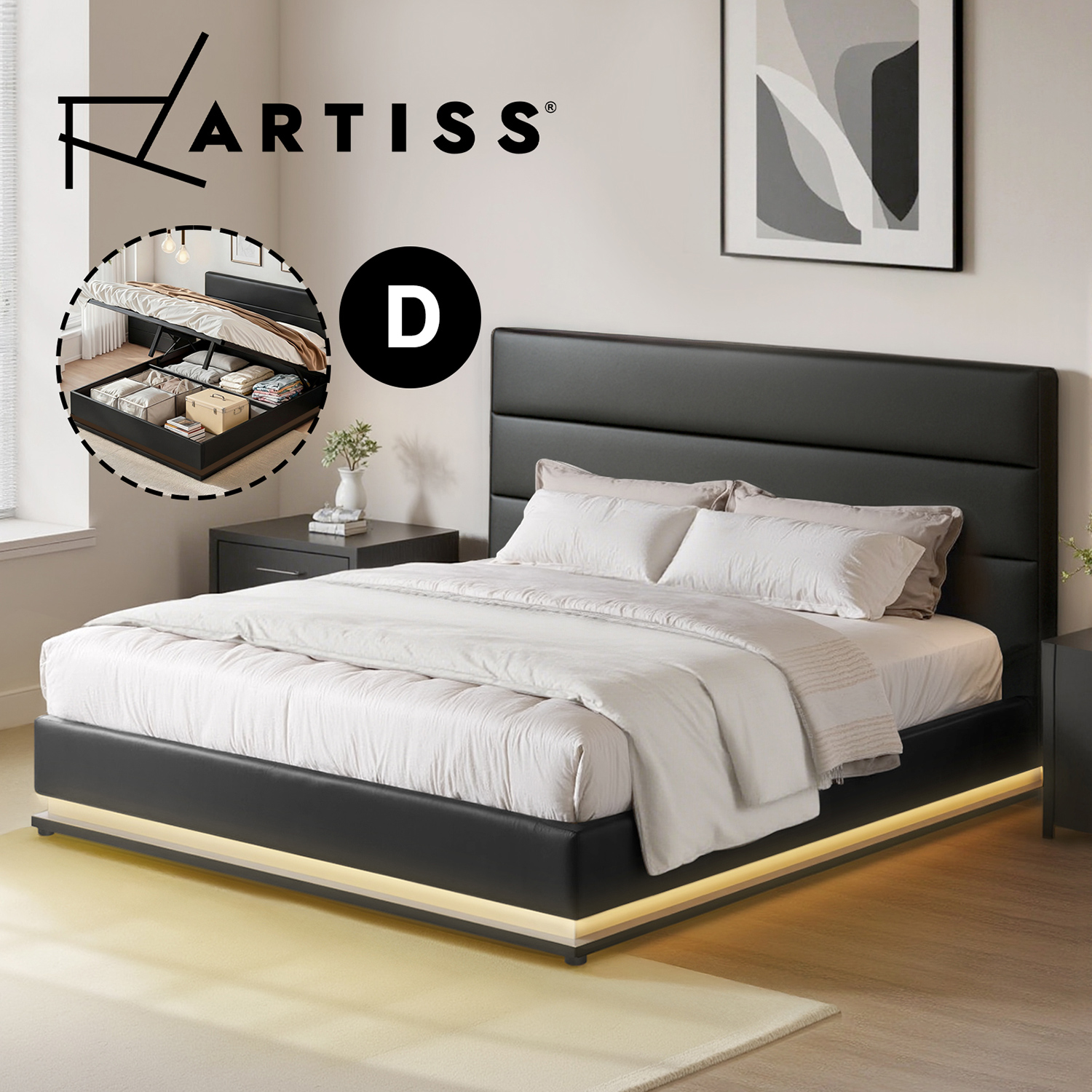 Artiss RGB LED Bed Frame Double Full Size Gas Lift Base Storage Leather