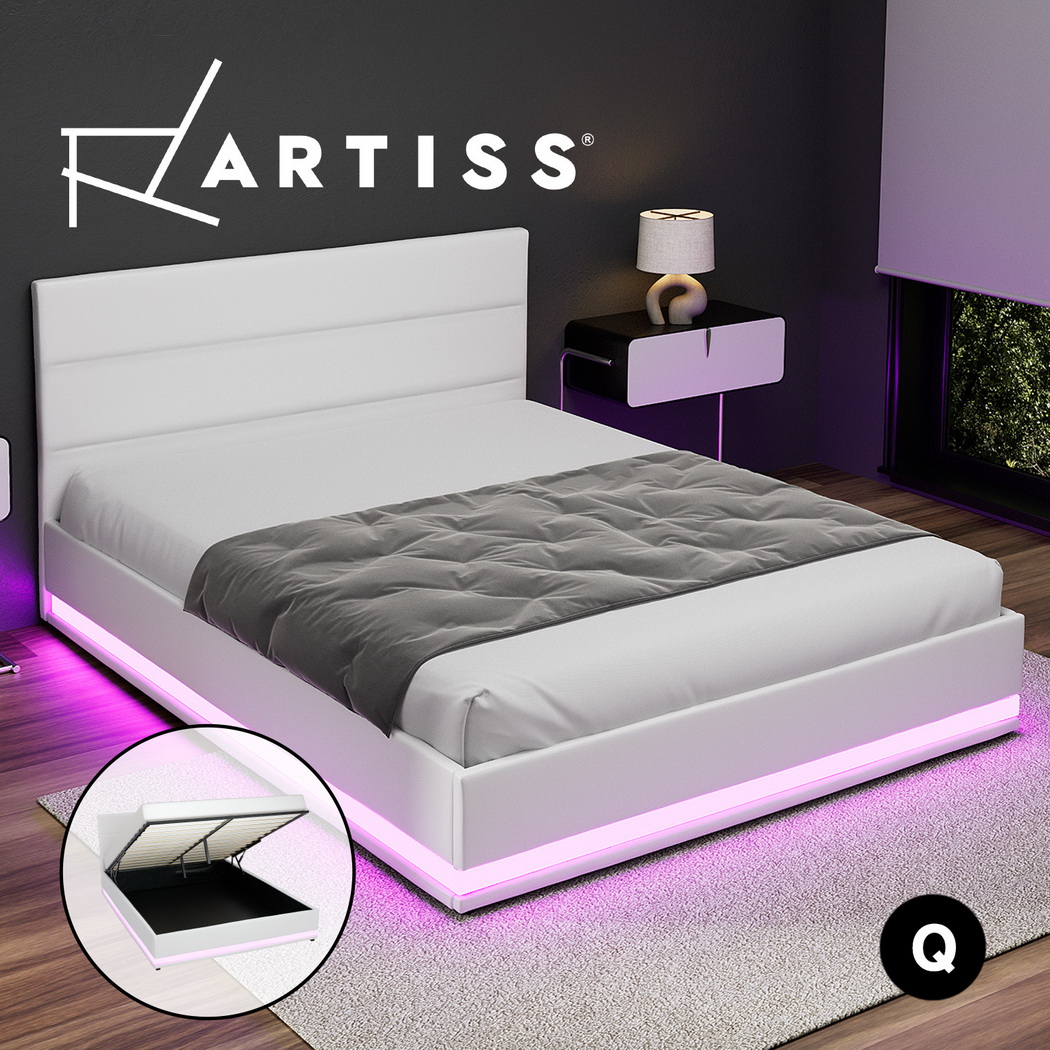 Artiss RGB LED Bed Frame Queen Size Gas Lift Base Storage White Leather