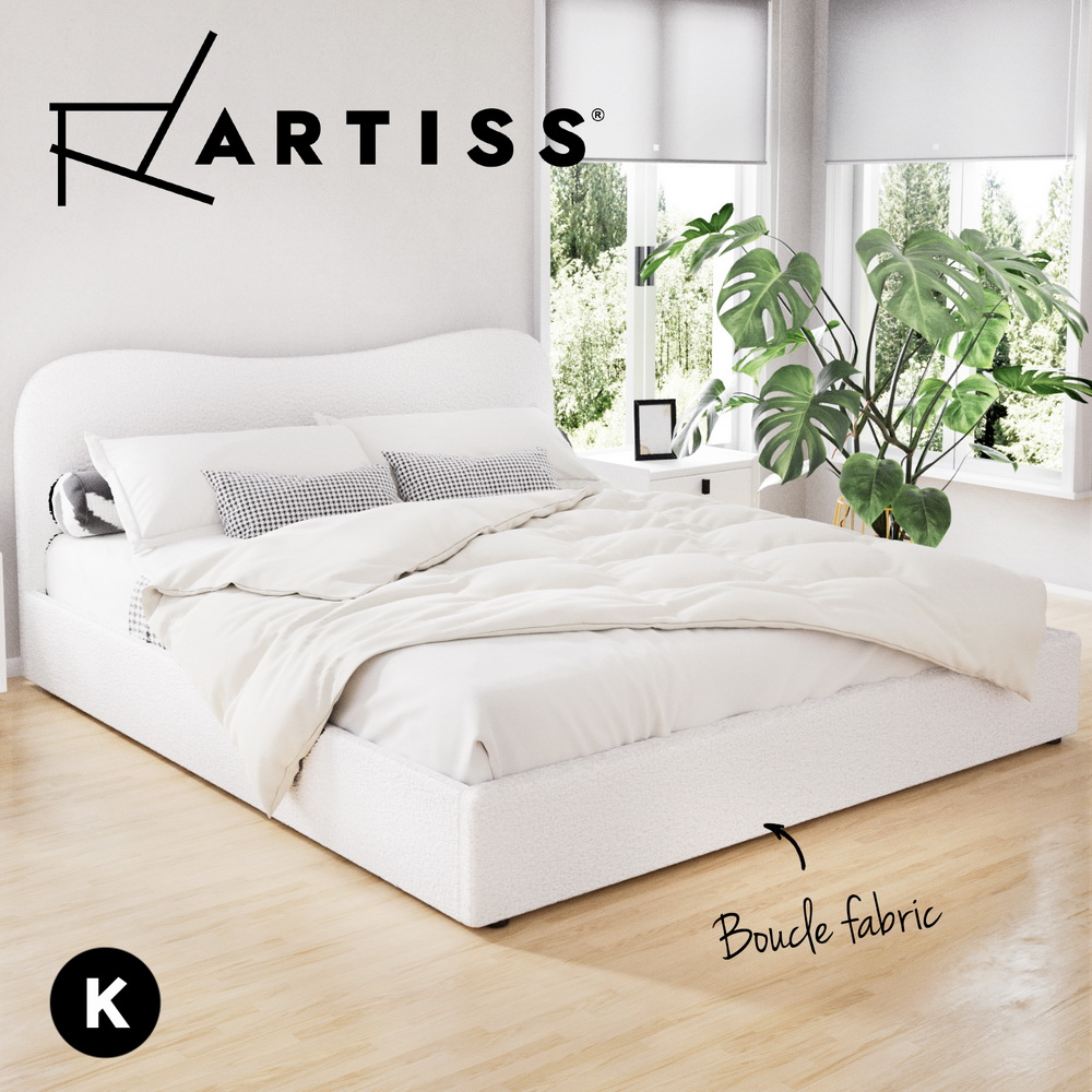 Artiss Bed Frame Boucle Fabric Queen Double King Single Size Gas Lift White - Picture 18 of 121