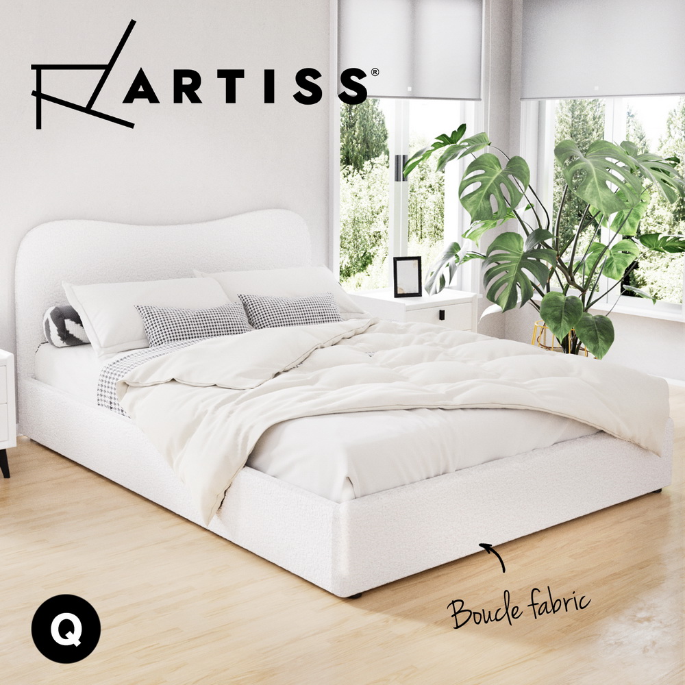 Artiss Bed Frame Boucle Fabric Queen Double King Single Size Gas Lift White - Picture 26 of 121