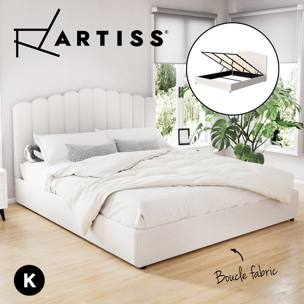 Artiss Bed Frame Boucle Fabric Queen Double King Single Size Gas Lift White - Picture 51 of 121