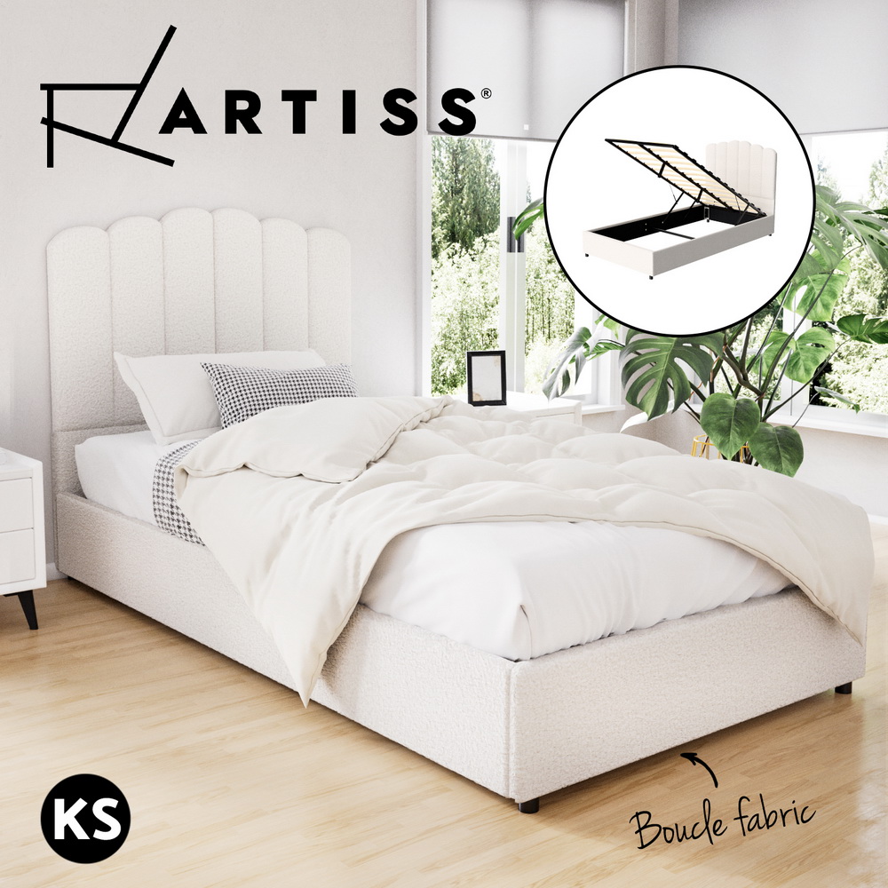 Artiss Bed Frame Boucle Fabric Queen Double King Single Size Gas Lift White - Picture 60 of 121