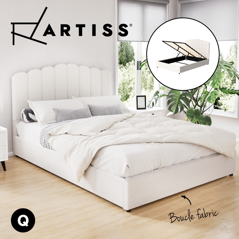Artiss Bed Frame Boucle Fabric Queen Double King Single Size Gas Lift White - Picture 69 of 121