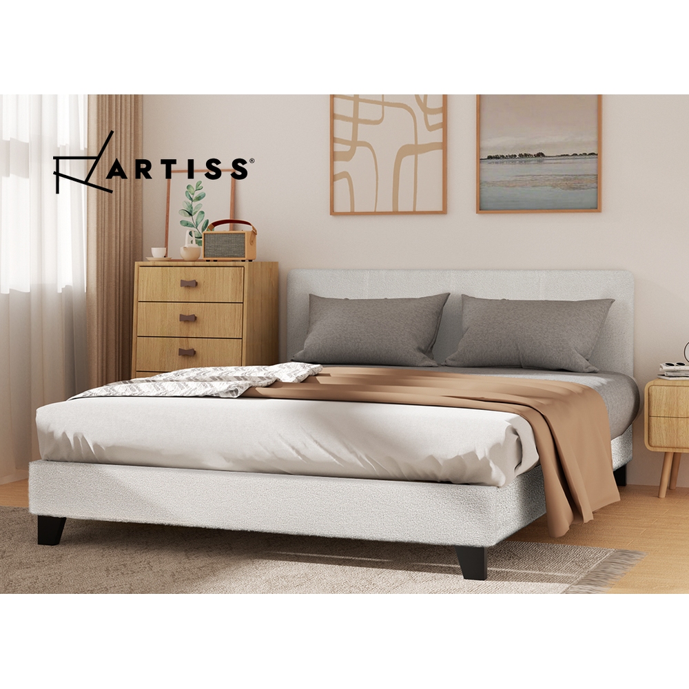 Artiss Bed Frame Boucle Fabric Queen Double King Single Size Gas Lift White - Picture 110 of 121