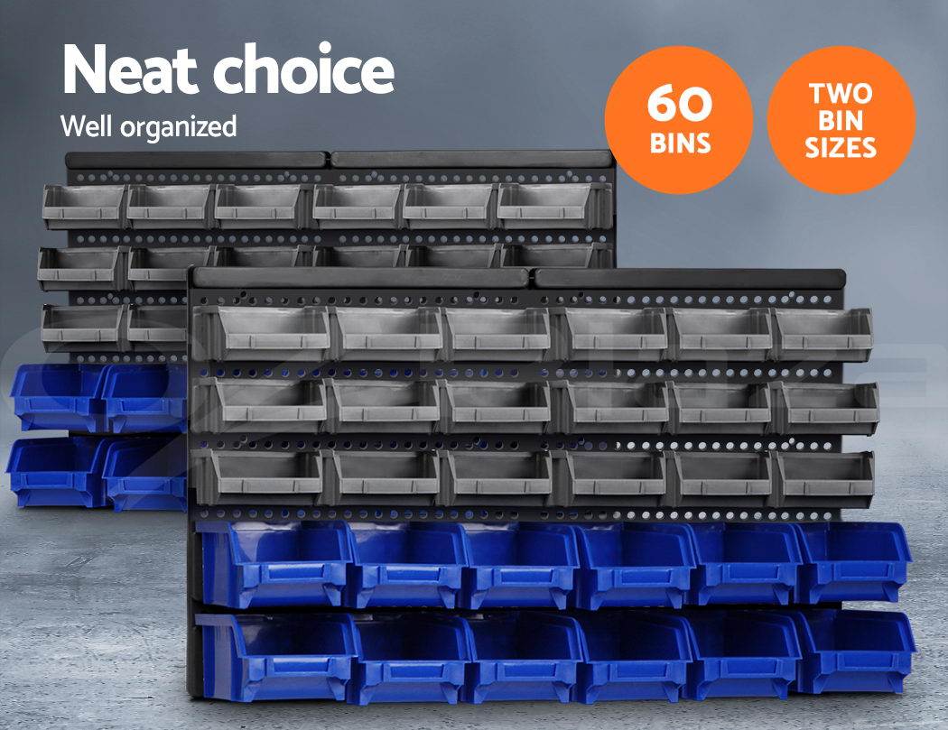 Giantz 60 Bin Wall Mounted Rack Storage Tools Organiser 