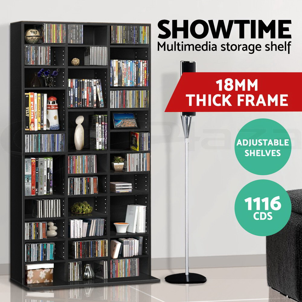 Adjustable Book Storage CD DVD Unit Shelf Shelves Black Holds 1116 CDs
