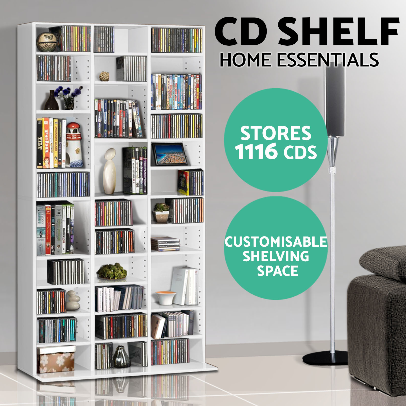 Artiss Bookshelf Display Shelf CD DVD Storage Media Rack Cupboard Black White - Picture 18 of 21
