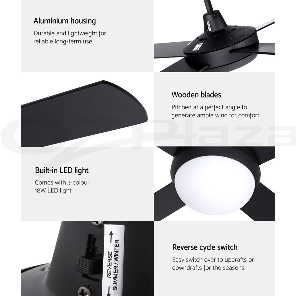 Devanti 52'' Ceiling Fan Fans w/ Light Remote Control Fans 4 Blades Black White - Picture 19 of 44