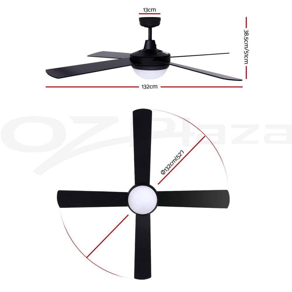 Devanti 52'' Ceiling Fan Fans w/ Light Remote Control Fans 4 Blades Black White - Picture 20 of 44