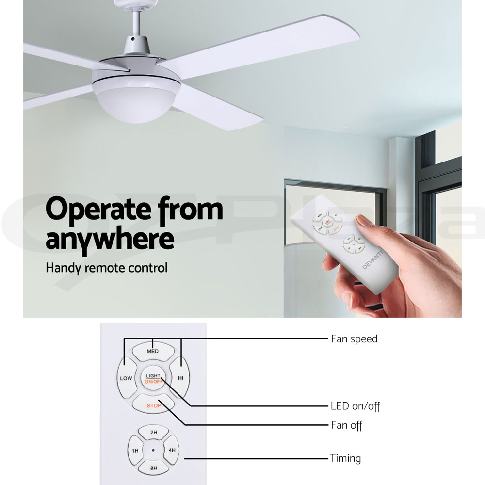 Devanti 52'' Ceiling Fan Fans w/ Light Remote Control Fans 4 Blades Black White - Picture 37 of 44