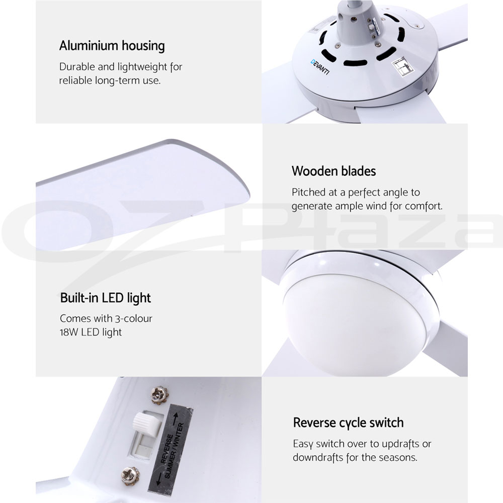 Devanti 52'' Ceiling Fan Fans w/ Light Remote Control Fans 4 Blades Black White - Picture 41 of 44