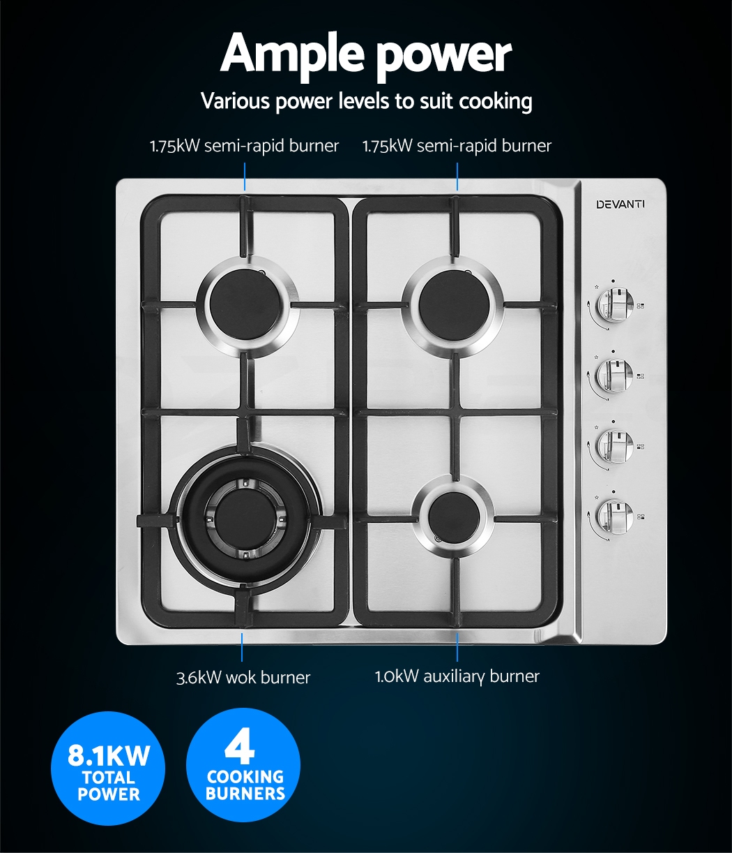 Devanti Gas Cooktop 60cm Kitchen Stove 4 Burner Cook Top NG LPG
