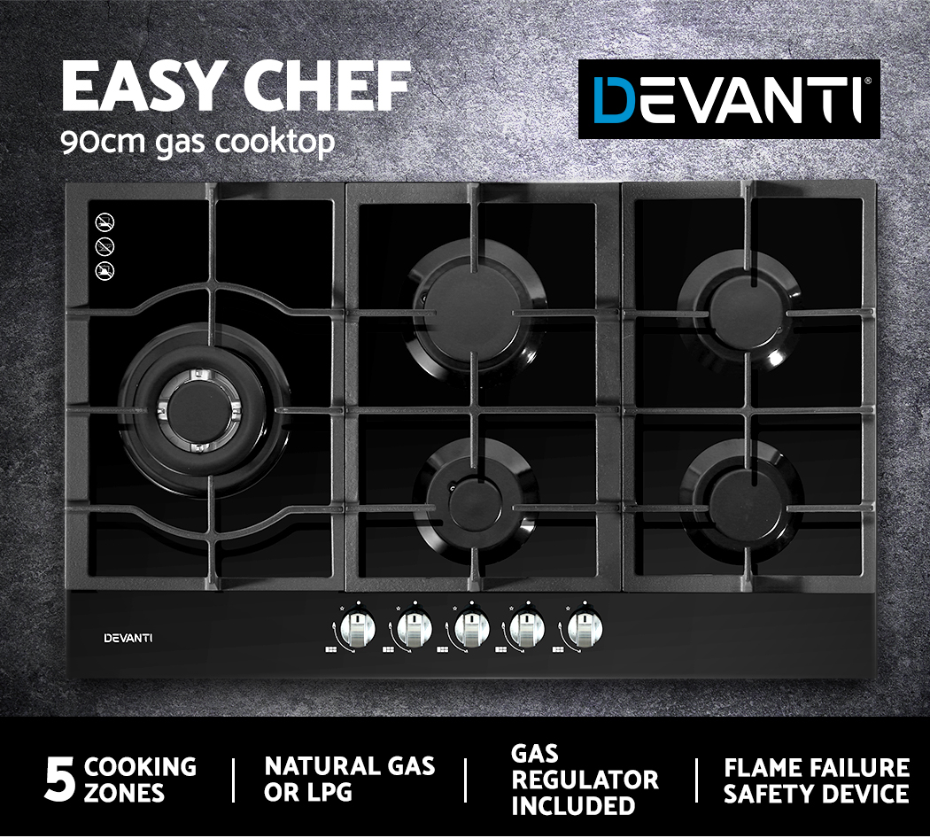 Devanti Gas Cooktop 90cm 5 Burner Stove Hob Cooker Kitchen NG LPG Black