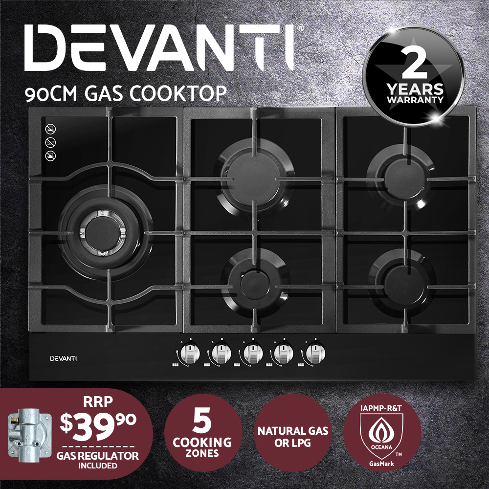 Devanti Gas Cooktop 90cm 5 Burner Glass Steel Stove Hob Cooker Kitchen NG LPG - Picture 12 of 15