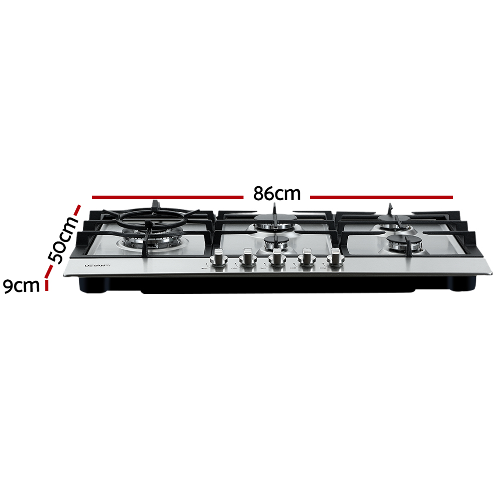 Devanti Gas Cooktop 90cm 5 Burner Glass Steel Stove Hob Cooker Kitchen NG LPG - Picture 15 of 15