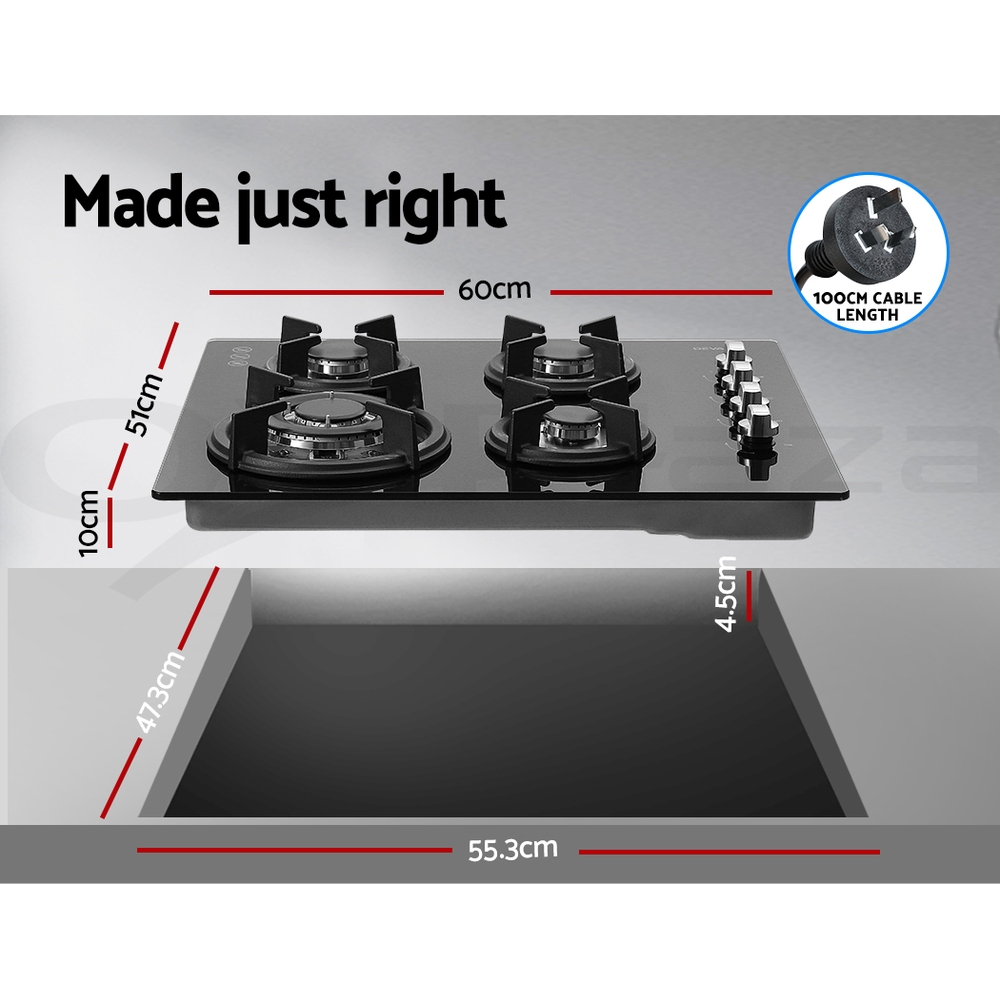 Devanti Gas Cooktop 90cm 60cm Glass Steel Stove Hob Cooker 4/5 Burner