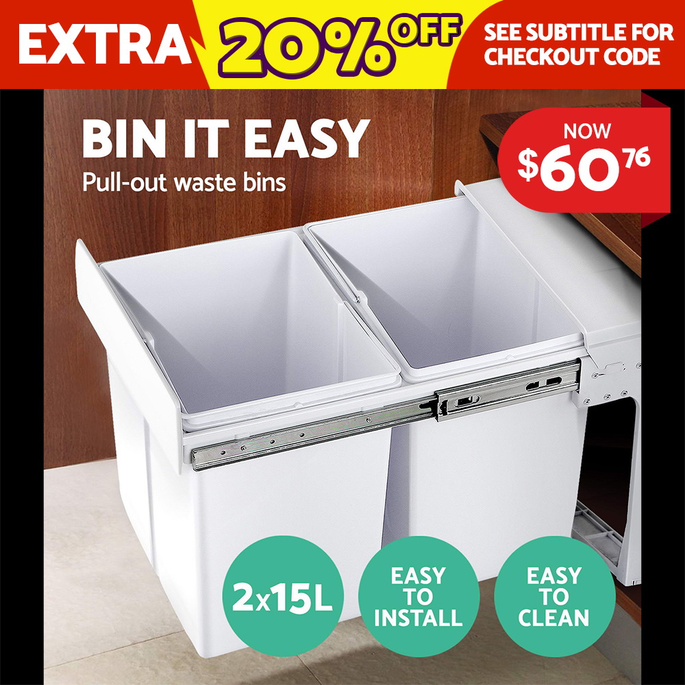 2X15L Twin Pull Out Bin Slide Garbage Kitchen Double Dual Rubbish Waste
