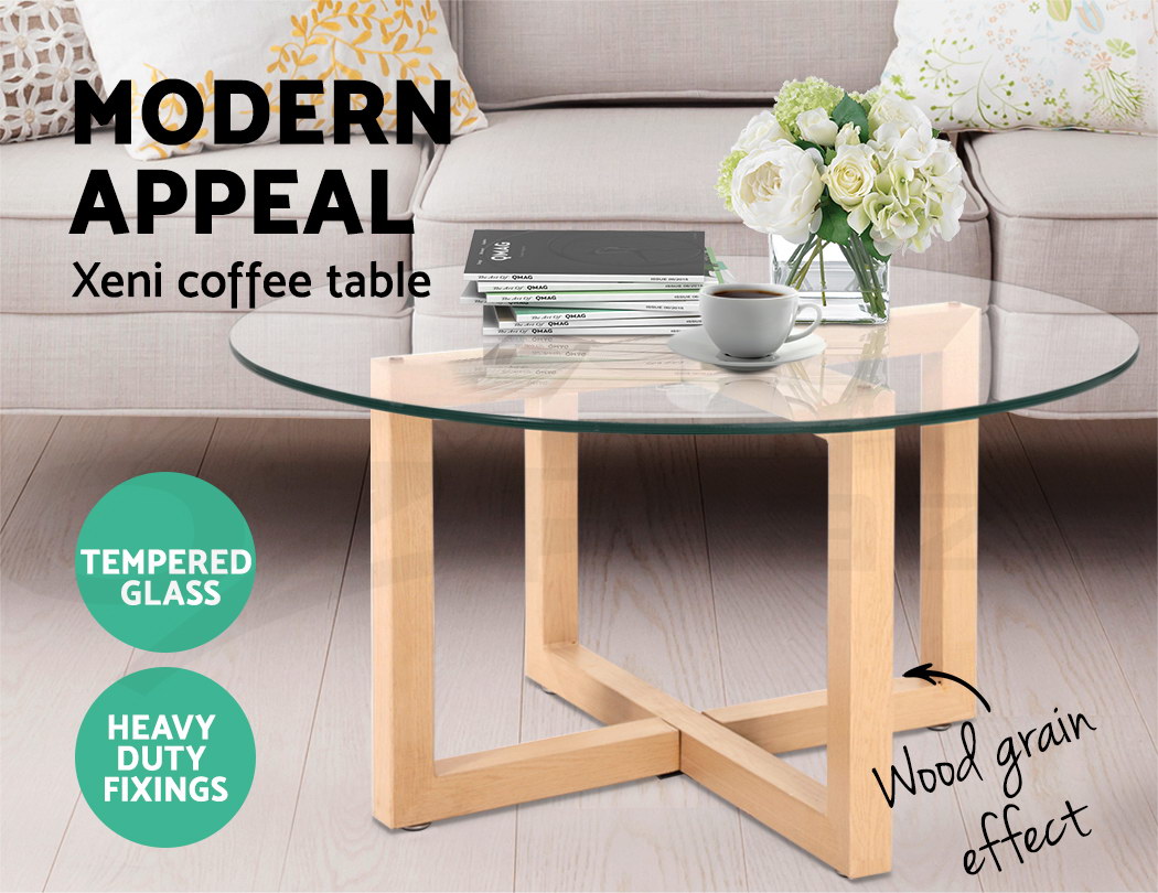 Artiss Coffee Table Tempered Glass Metal legs Round ...