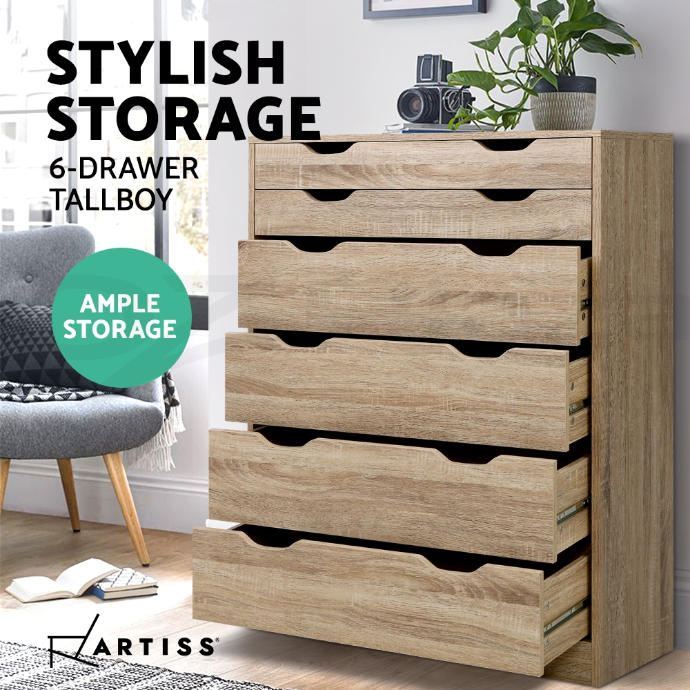 Artiss 6 Chest of Drawers Tallboy Dresser Storage Cabinet Bedroom White Oak - Picture 10 of 26