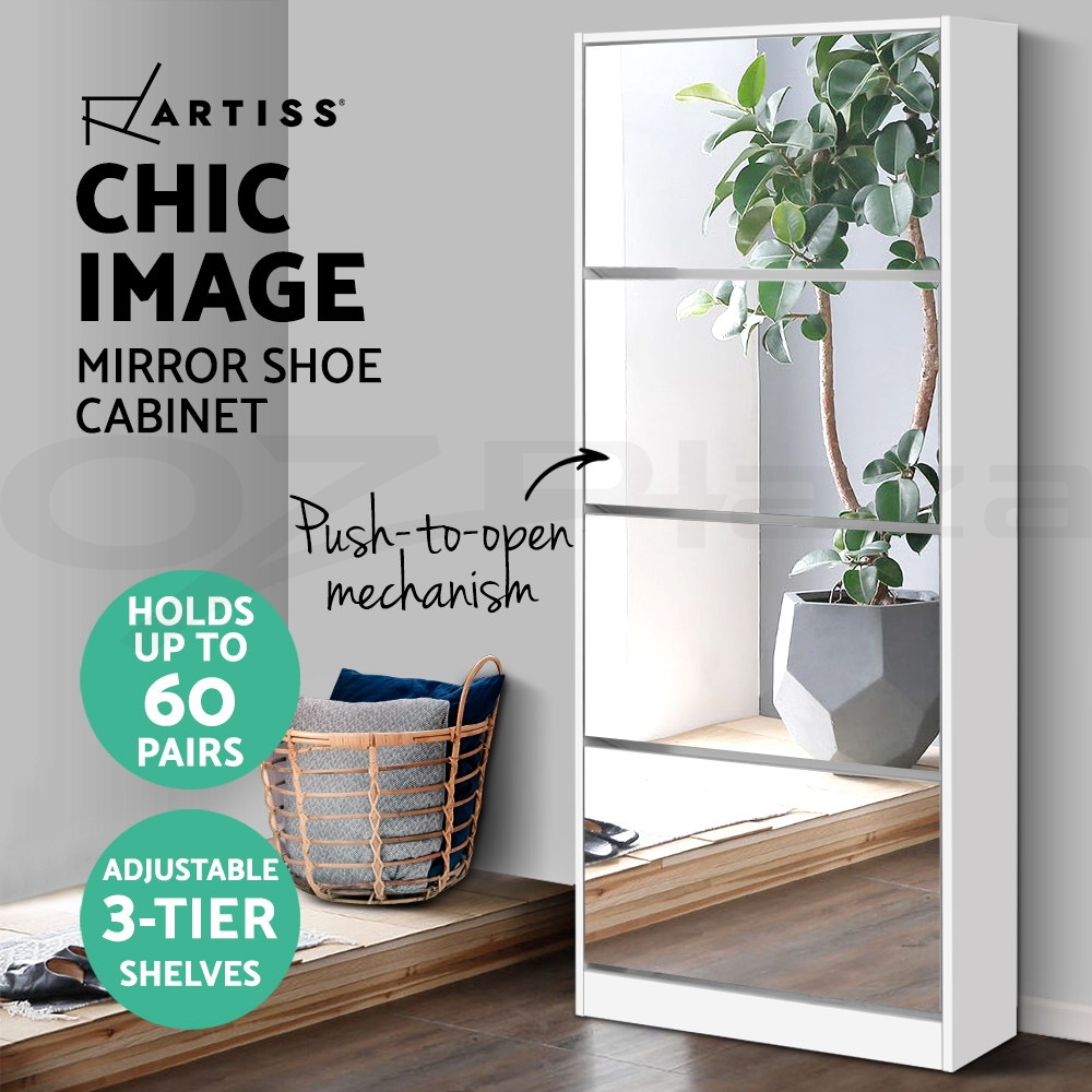 Artiss Shoe Cabinet Mirror Shoes Storage Rack Organiser White Cupboard Shelf - Picture 21 of 23