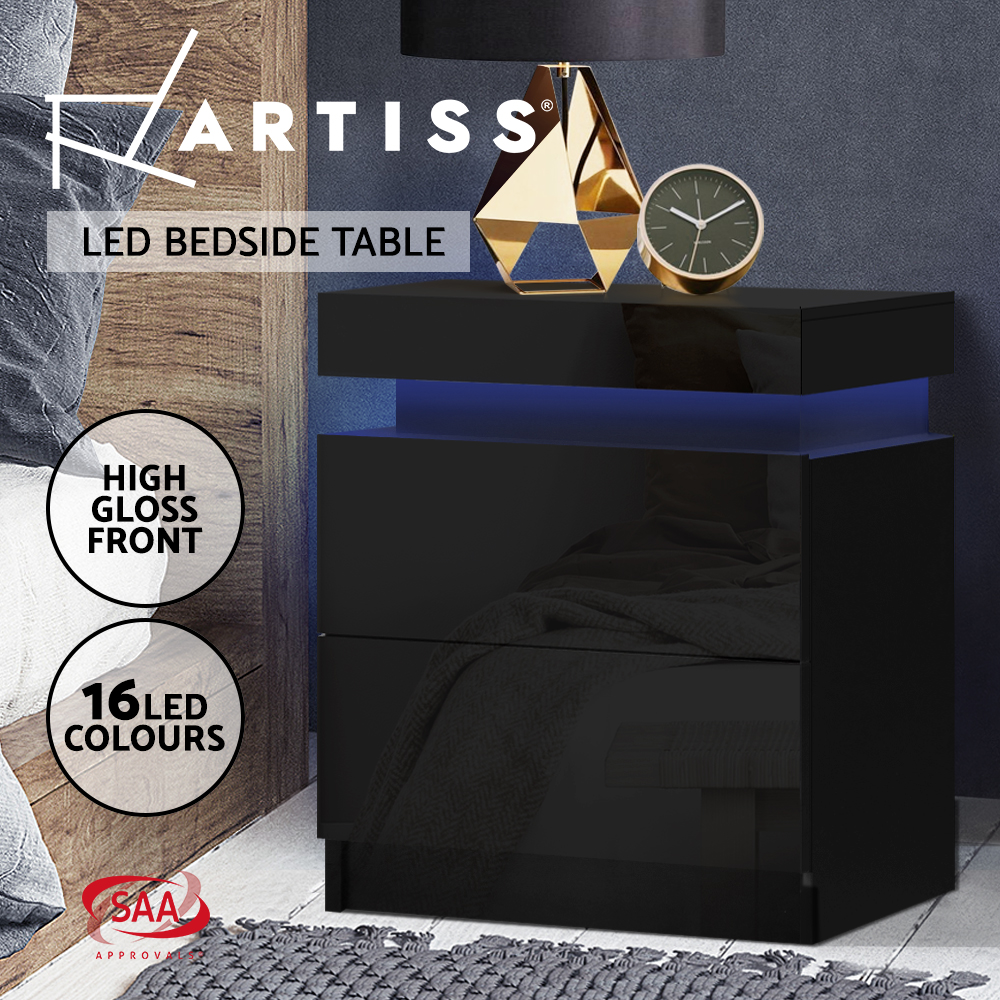 Artiss Bedside Table Side Table 2 Drawers RGB LED High Gloss Nightstand Cabinet - Picture 11 of 12