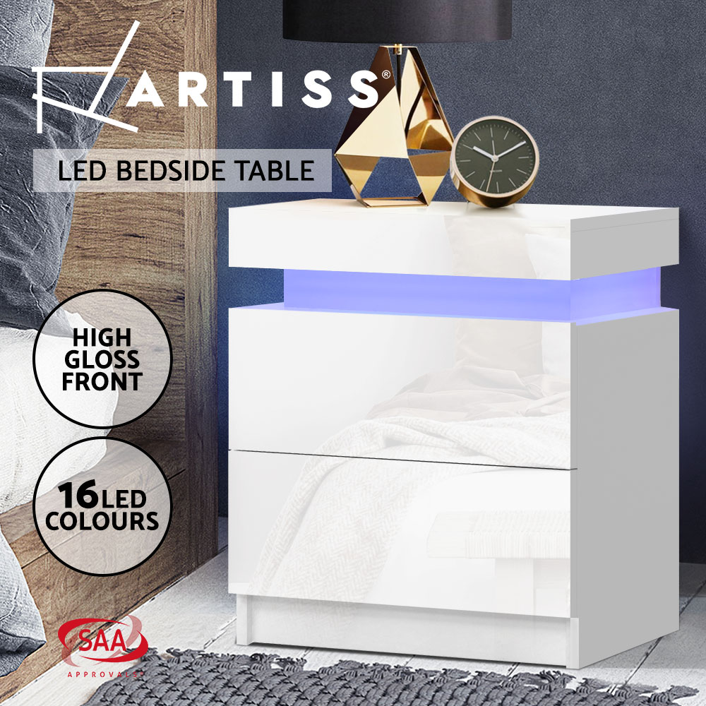 Artiss Bedside Table Side Table 2 Drawers RGB LED High Gloss Nightstand Cabinet - Picture 12 of 12