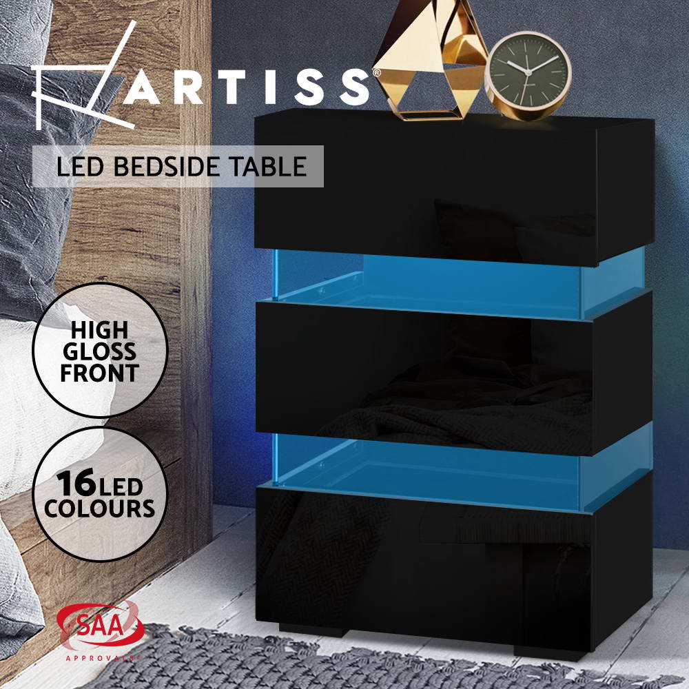 Artiss Bedside Table Side Table RGB LED Lamp 3 Drawers Nightstand Gloss - Picture 12 of 13