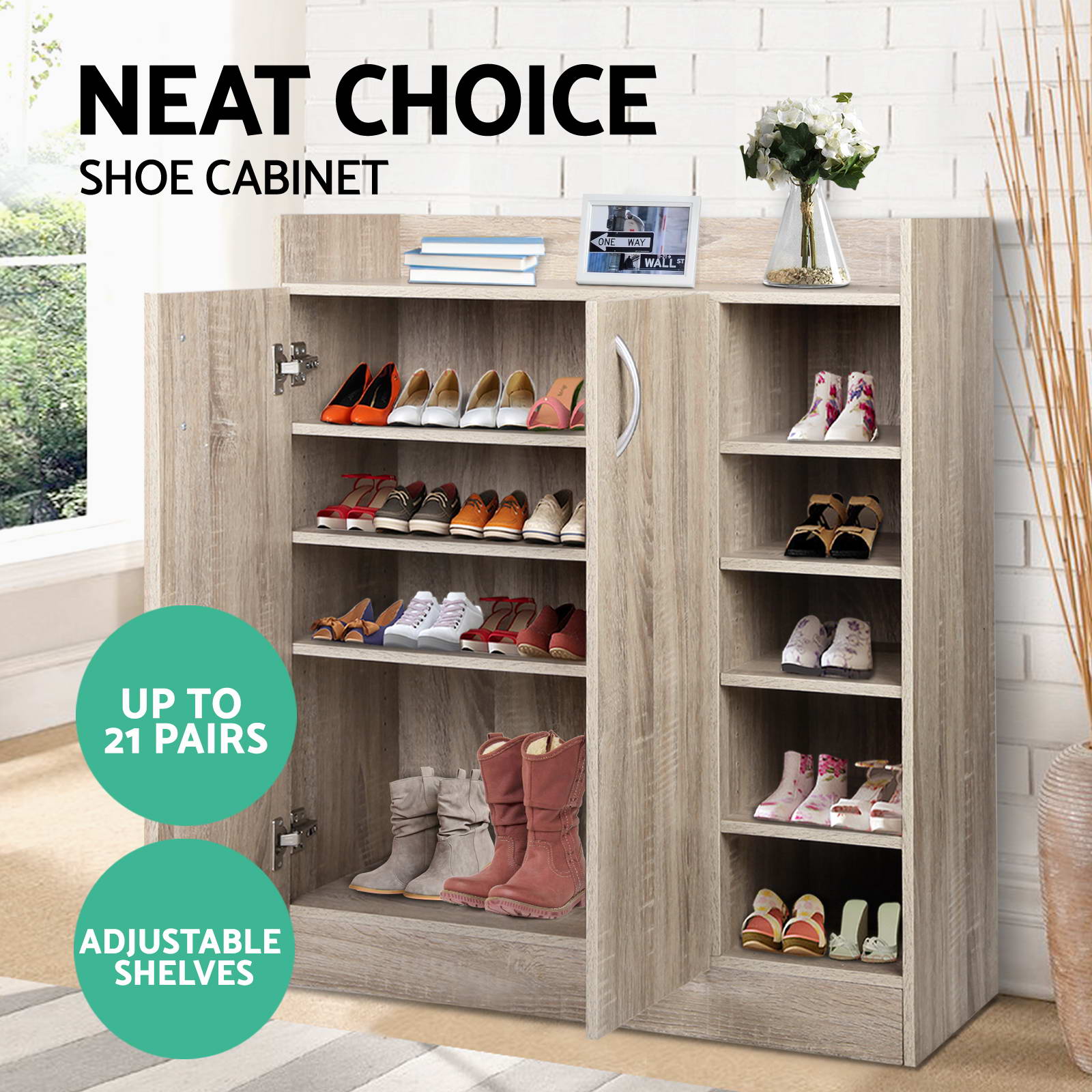 Artiss Shoe Cabinet Wood Storage Rack Shoes Organiser 2 Doors Shelf Cupboard - Picture 11 of 26
