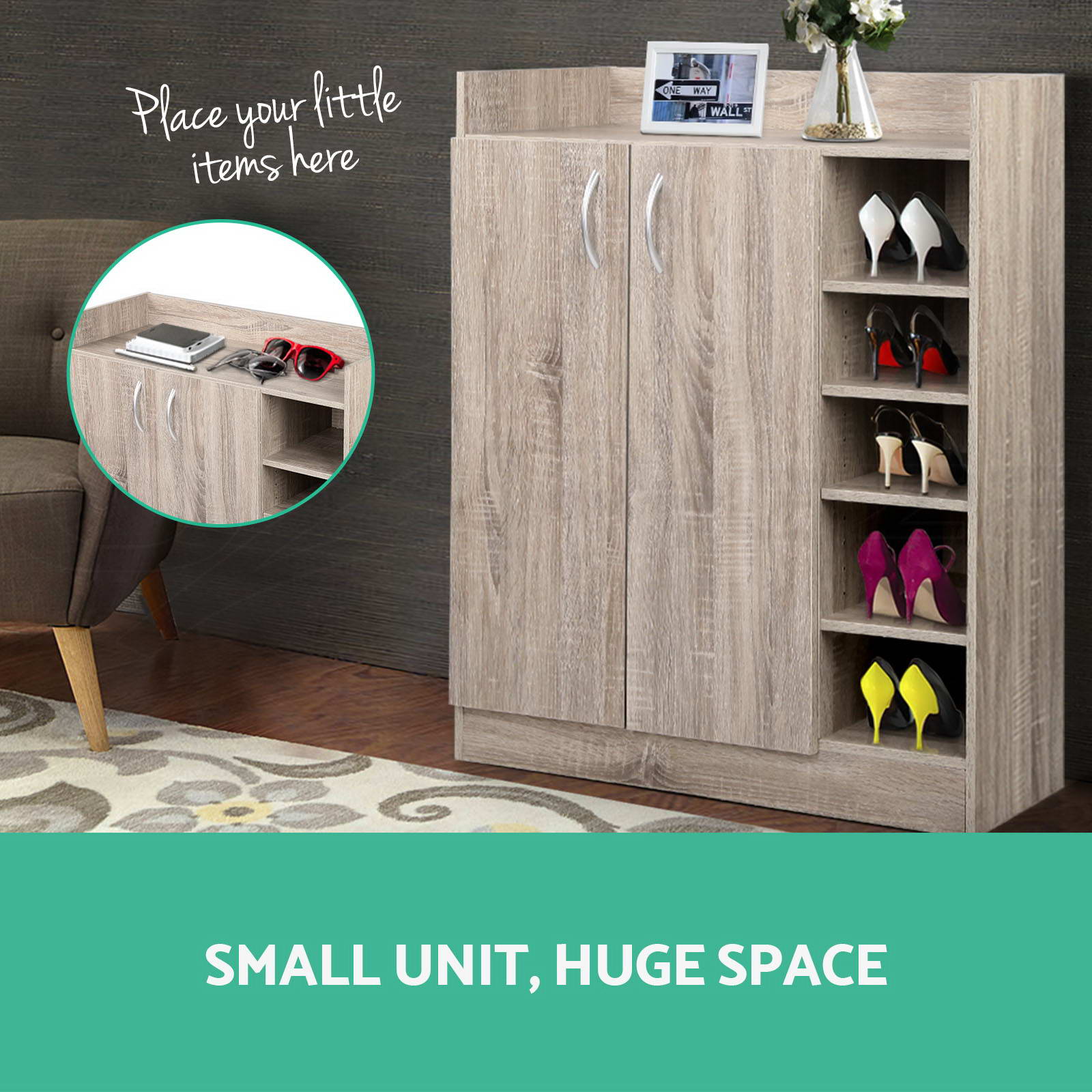 Artiss Shoe Cabinet Wood Storage Rack Shoes Organiser 2 Doors Shelf Cupboard - Picture 14 of 26