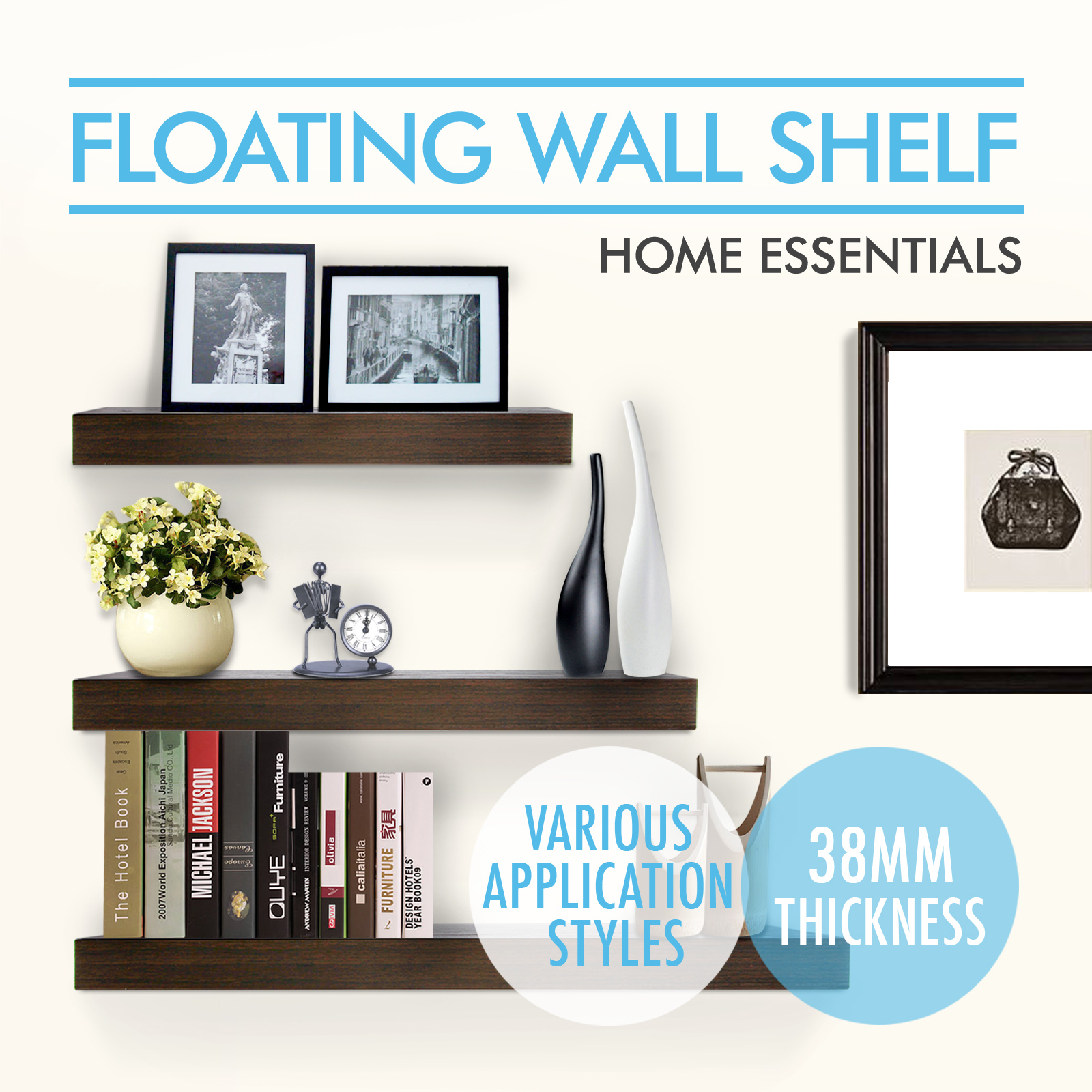 3PCS Wall Floating Shelf Set Concealed Shelves Bookshelf Shop Display 3