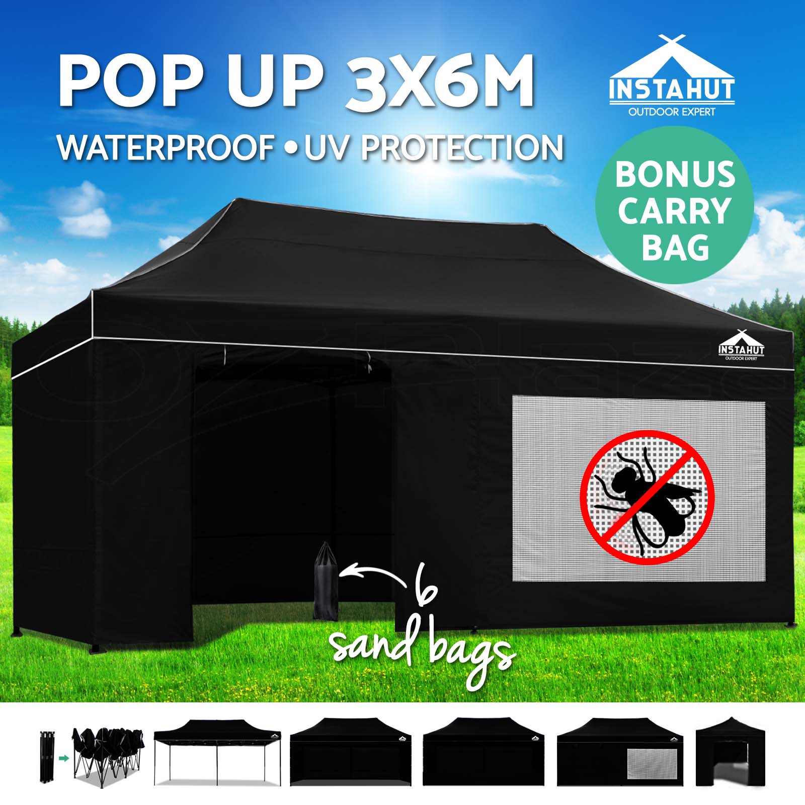 Instahut Gazebo Pop Up Marquee 3x6 Outdoor Wedding Folding Camping Tent Canopy - Picture 12 of 19