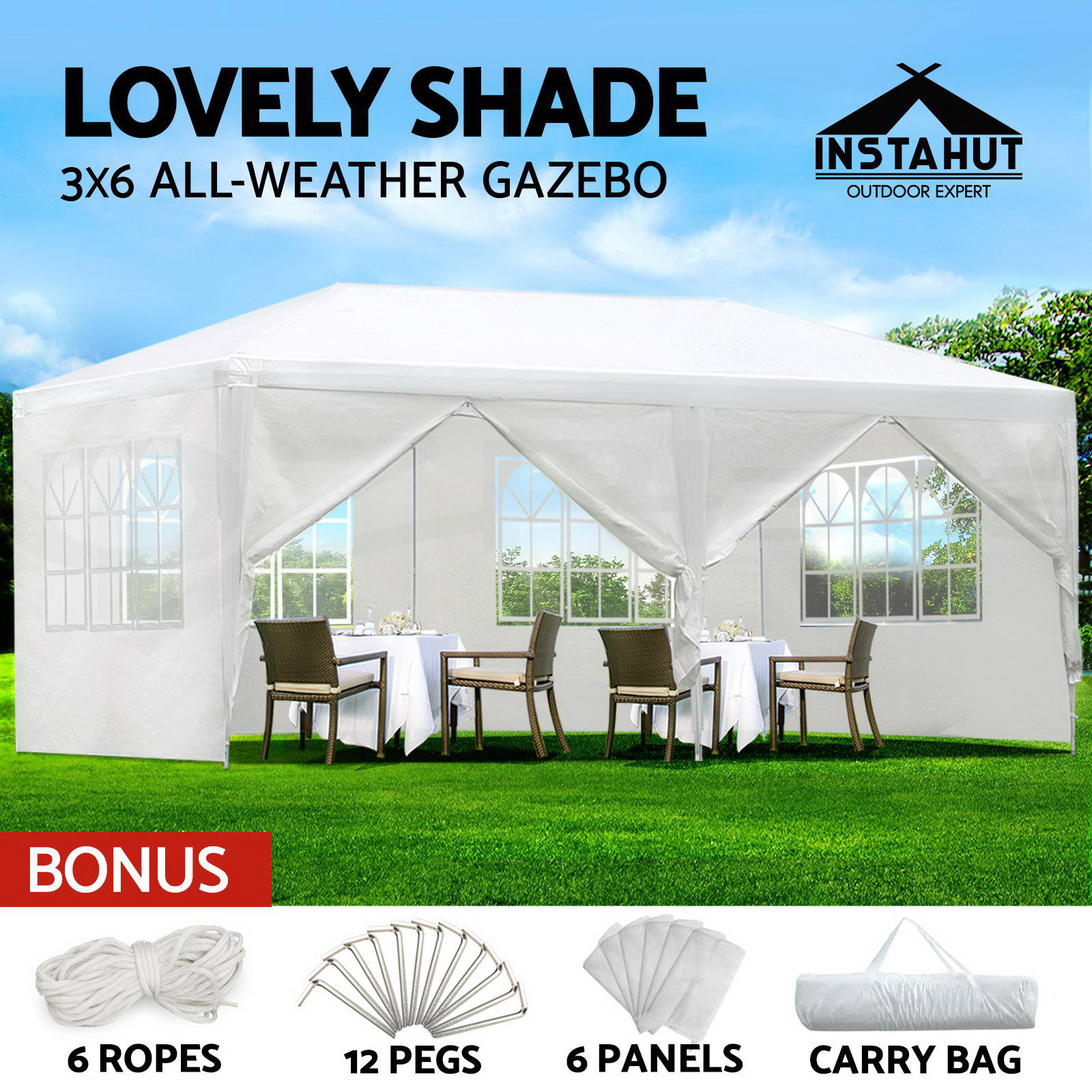Instahut Gazebo 3x6m Wedding Party Marquee Tent Outdoor Event Camping Canopy Shade White