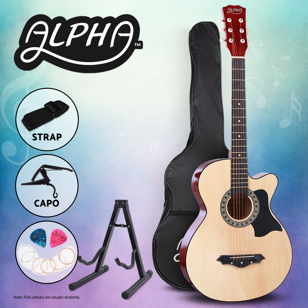 Alpha 38” Inch Acoustic Guitar Classical Wooden Folk Strings Capo Right/Left - Picture 19 of 19