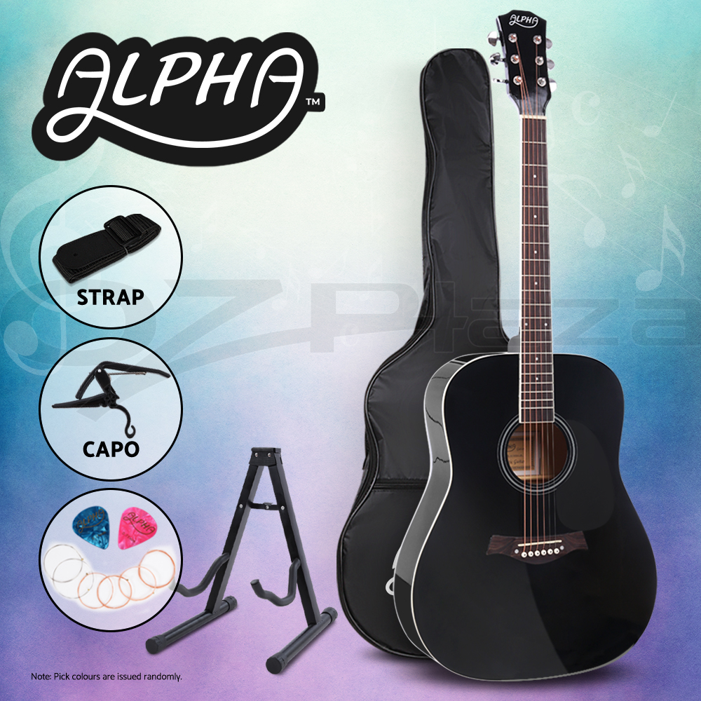 Alpha 41” Inch Wooden Acoustic Guitar Classical Folk Full Size Dreadnought Capo - Picture 13 of 16