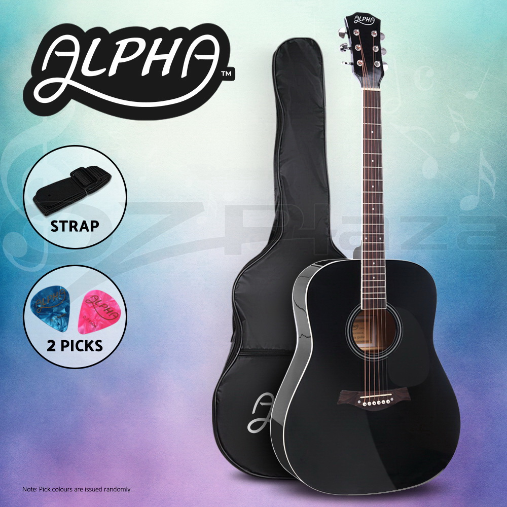 Alpha 41” Inch Wooden Acoustic Guitar Classical Folk Full Size Dreadnought Capo - Picture 12 of 16