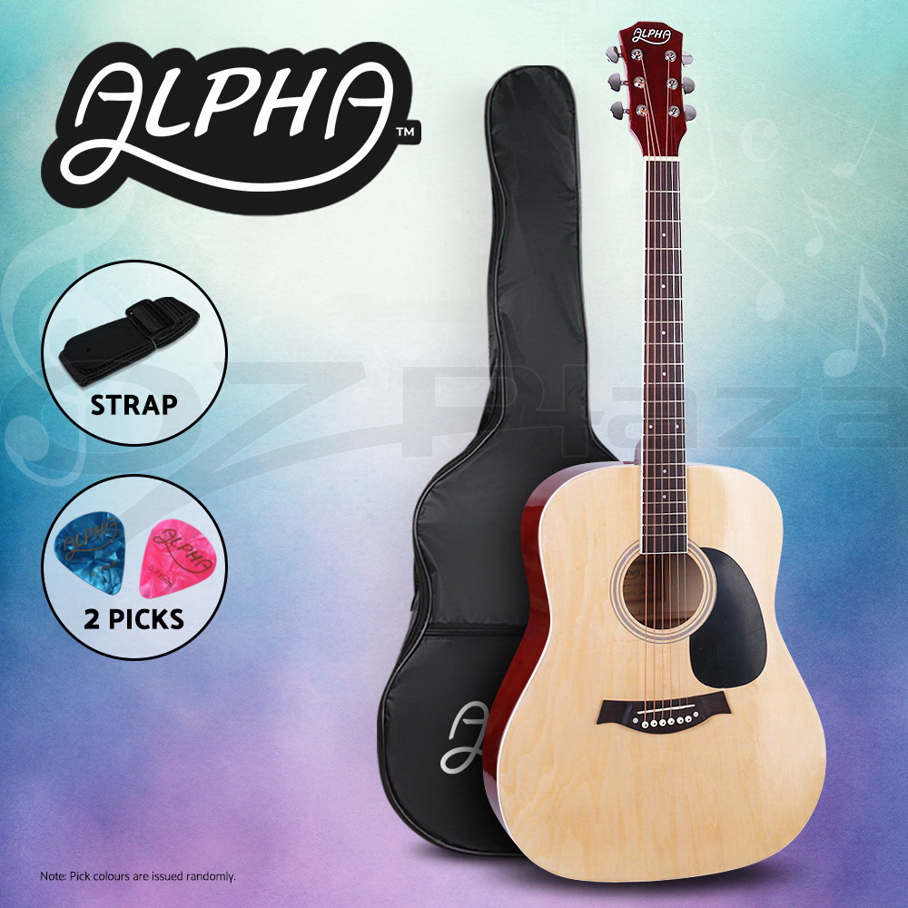 Alpha 41” Inch Wooden Acoustic Guitar Classical Folk Full Size Dreadnought Capo - Picture 15 of 16