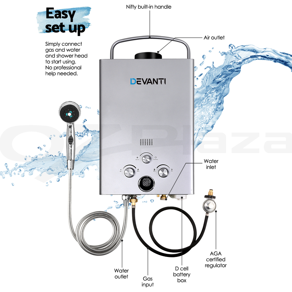 DEVANTi Gas Hot Water Heater Portable Shower Pump Camping LPG Caravan